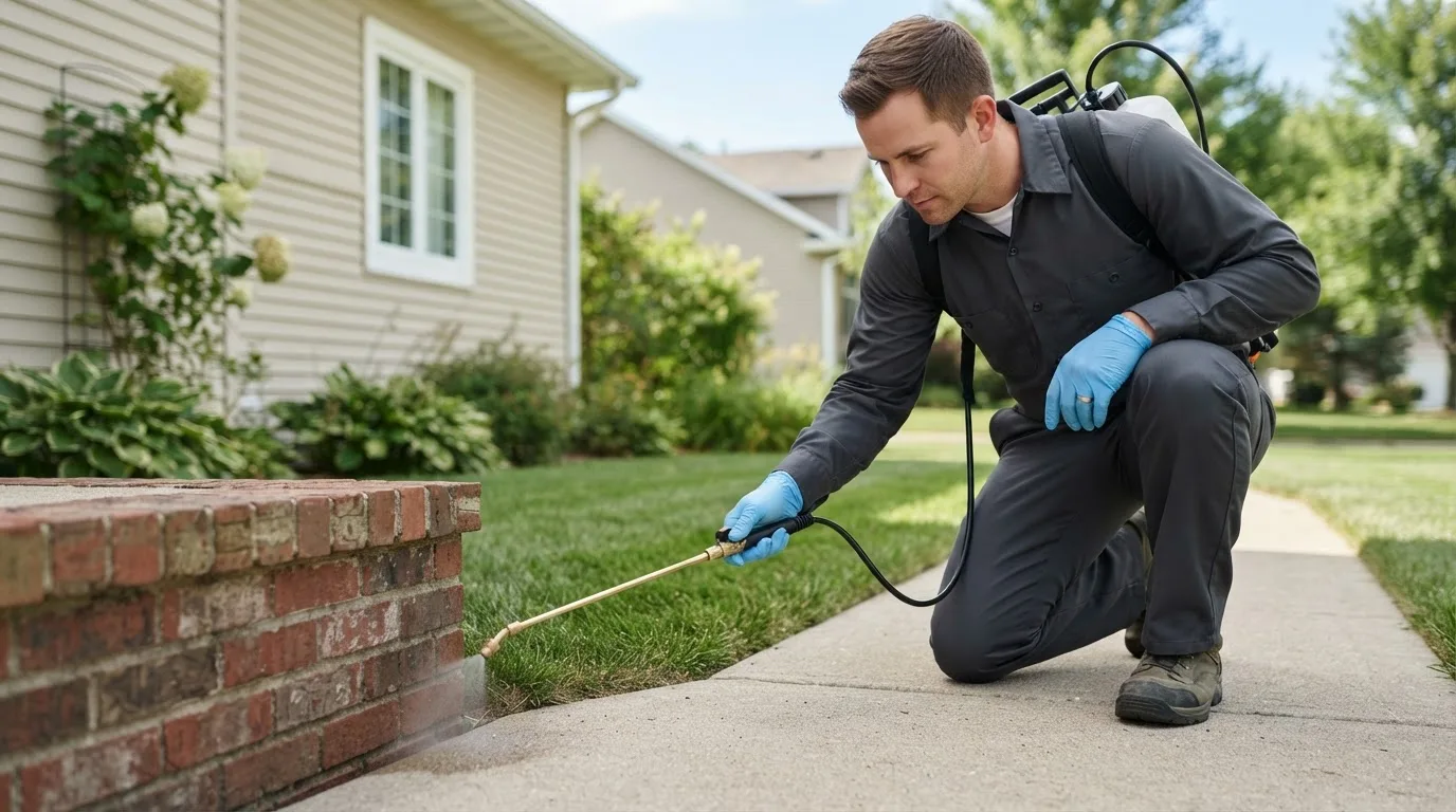 Pest control technician treating a home near Roscoe, MN