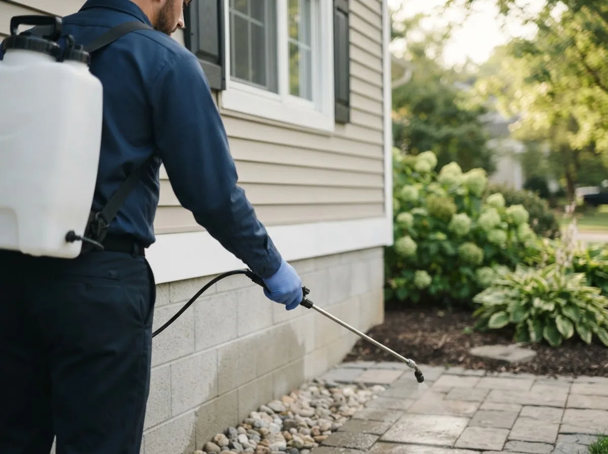 Pest control technician inspecting a home in Roscoe, MN